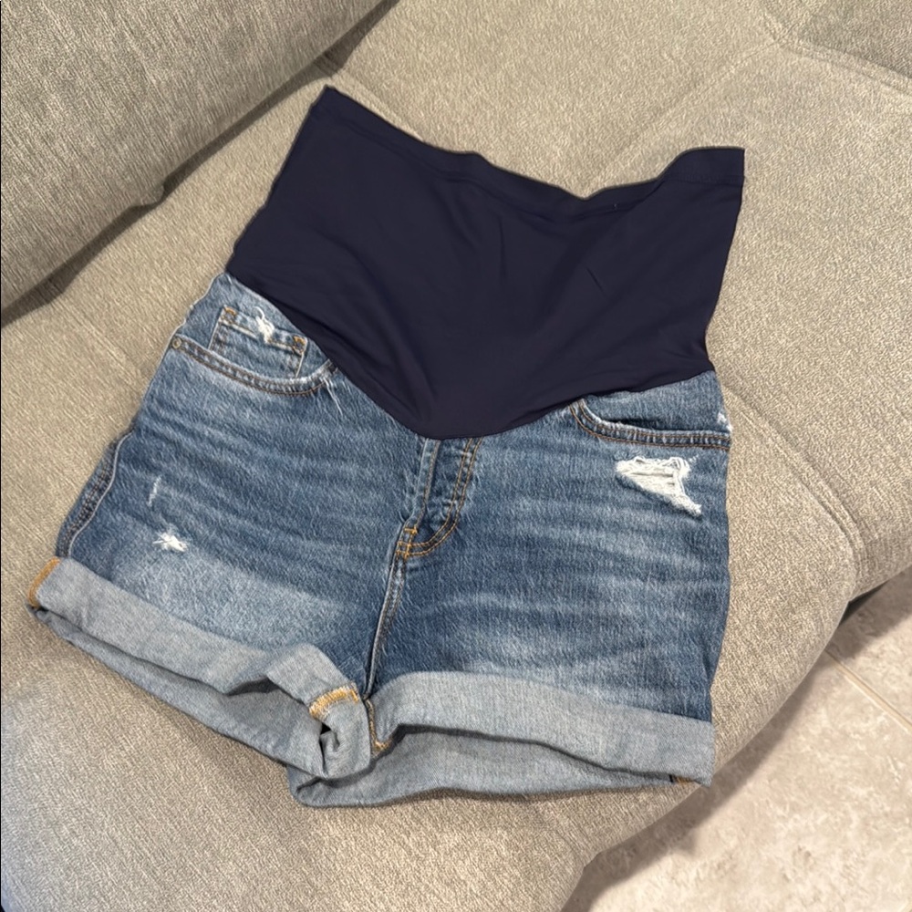 Blue Distressed Cuff Maternity Denim Shorts